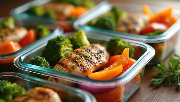 Glass food prep containers hold grilled chicken breasts with fresh broccoli, sliced bell peppers, carrots. Healthy pre-portioned meals ready for weekly diet planning. Nutritious protein rich lunch