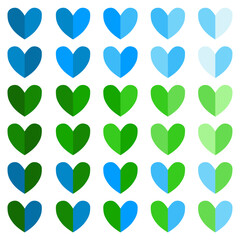 Delightful clipart of dual-tone hearts in a flat style. Perfect trendy elements for Valentine&rsquo;s Day designs, love graphics, stickers, pins, greeting cards, romantic decorations, and background layouts