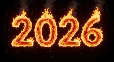 The year 2026 ignited in fiery flames against a dark background