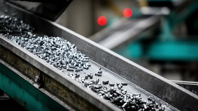Industrial medium shot revealing recyclable leadfree casting alloys being sorted on a conveyor emphasizing circular economy principles in metal production.