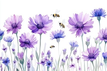 Vector white background with flowers chamomile, cornflowers