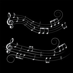 Silver music notes with wavy lines on black background, vector illustration.