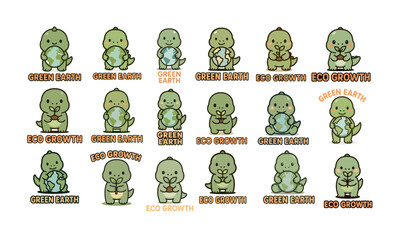 Cute dinosaur characters promoting environmental messages for Green Earth and Eco Growth initiatives