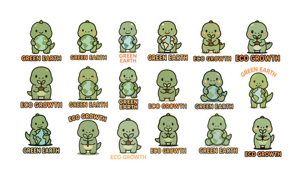 Cute dinosaur characters promoting environmental messages for Green Earth and Eco Growth initiatives
