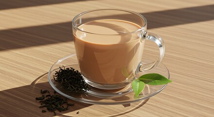 Glass Mug of Chai Tea with Loose Leaf Tea and Fresh Leaves