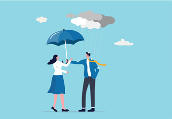 Altruism selfless principle for leadership to protect team and success together, gentleman or team support and caring, respect or empathy concept, kindness businessman offer umbrella to protect woman.