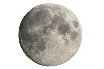 Full moon showing detailed lunar surface with craters and maria, celestial body on transparent background