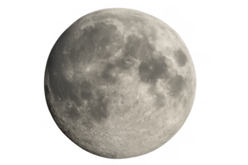 Full moon showing detailed lunar surface with craters and maria, celestial body on transparent background