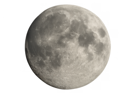 Full moon showing detailed lunar surface with craters and maria, celestial body on transparent background