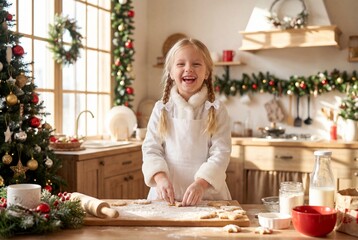 Little girl in white linen dress with Christmas apron carefully cutting festive cookie shapes on a cozy kitchen counter decorated with garlands and candles