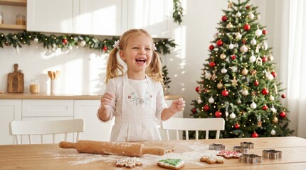 Little girl in white linen dress with Christmas apron carefully cutting festive cookie shapes on a cozy kitchen counter decorated with garlands and candles