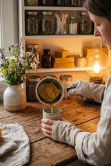 Close-up of woman's hands crafting handmade candle from recycled wax on wooden table; shelves with eco-friendly materials and vase of wildflowers in background
