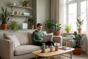 Stylish Scandinavian minimalist interior in muted green and beige tones, featuring decorative hand sanitizer dispensers, smart air quality sensors