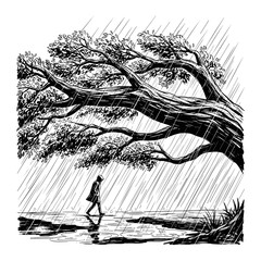 Man walking under rain beside large tree in black and white  