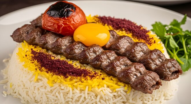 Appetizing photo of Iran's national dish, Chelow Kabab. Saffron basmati rice with barg & koobideh kebabs, grilled tomato, raw egg yolk, sumac, and herbs. Food photography.