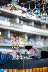 A romantic couple toasts with red and white wine beneath an elegant overhead rack of upside-down crystal glasses in a chic, modern bar. 
