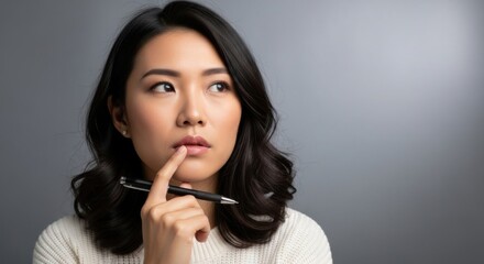 Contemplative young woman with thoughtful expression holding a pen against a neutral background