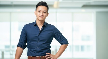 Confident young professional man standing in bright modern office environment