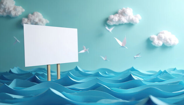 Blank white sign floats on blue paper ocean waves. Origami birds fly near cotton clouds against pastel sky. Message space for advertising or creative copy.