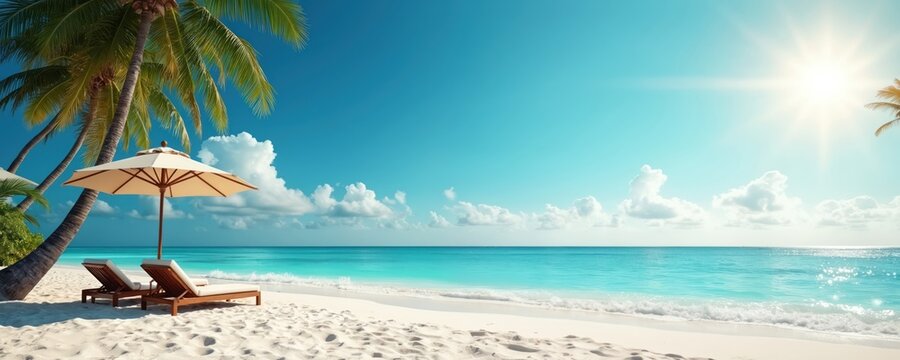Azure ocean view at exotic beach with palm trees. Beach chairs under sun umbrella near blue lagoon sea. Summer vacation on tropical sandy coast with skyline. Holiday destination for relaxation. - Powered by Adobe