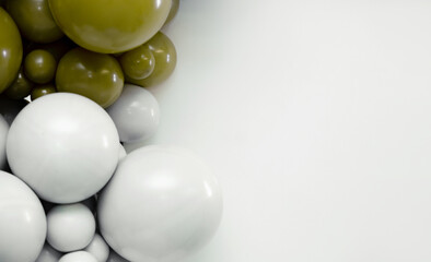 Minimalist balloon backdrop with white and olive-green balloons clustered on the left side, creating a modern festive composition with clean negative space on the right.