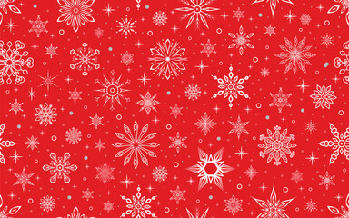 Winter seamless pattern. Festive background with white snowflakes and stars on red. For Christmas and New Year decorations, wallpaper, wrapping paper, fabric, or digital backgrounds.