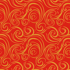 Fototapeta premium Seamless red and gold ornamental pattern with elegant swirling flourishes and curls.