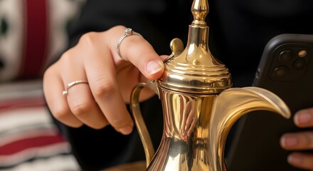 Macro shot of a Saudi girl's fingers tapping on a smartphone resting in a traditional dallah-shaped metallic phone-stand, with her reflection visible in the polished brass.

