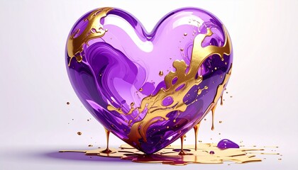 Fioletowe, półprzezroczyste serce oblane płynnym złotem jako symbol miłości i święta zakochanych