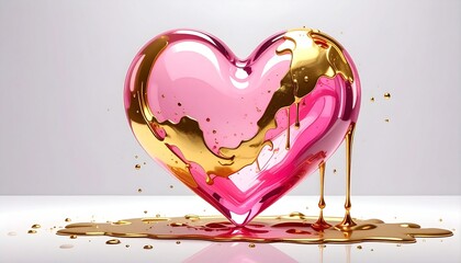 Różowe, półprzezroczyste serce oblane płynnym złotem jako symbol miłości i święta zakochanych