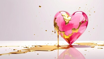 Różowe, półprzezroczyste serce oblane płynnym złotem jako symbol miłości i święta zakochanych