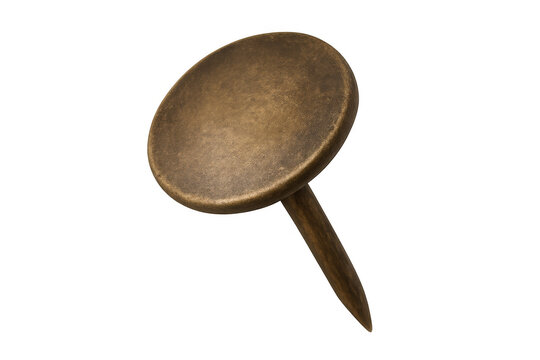 Antique brass thumbtack pointing downwards, office supply for pinning documents and memos, transparent background