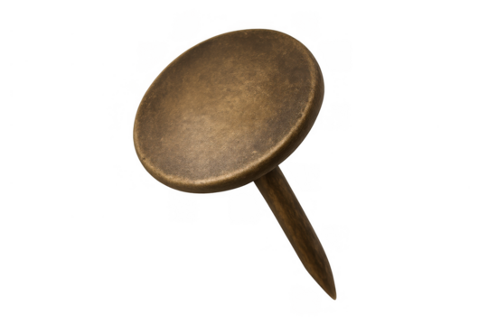 Antique brass thumbtack pointing downwards, office supply for pinning documents and memos, transparent background