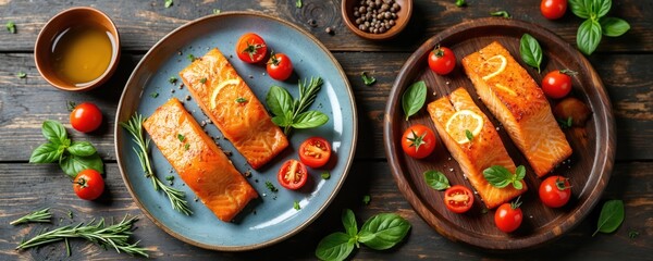 Gourmet salmon fillets with cherry tomatoes and basil garnishes sit on dark wood. Meal preparation for healthy eating, featuring tender fish and fresh herbs.