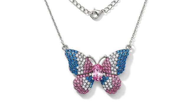 Elegant silver chain necklace featuring a dazzling butterfly pendant encrusted with multicolored sparkling crystals isolated on a white background. 