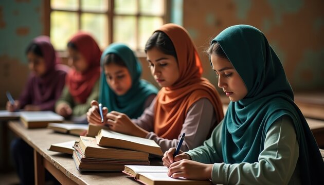 Group of Muslim Female Students Wearing Hijab Studying Together During Lesson with Books