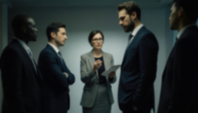 Blurred Business Team Meeting with Professional Colleagues Discussing Strategy in Modern Corporate Office