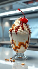 A refined frozen treat formed as an ice cream sundae with a glossy creamy scoop and toppings set on a tidy office desk scene on a metallic silver background
