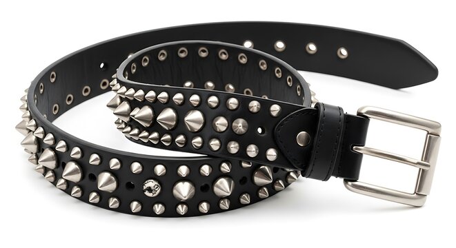 Edgy black leather belt studded with sharp silver metal spikes isolated on a clean white background