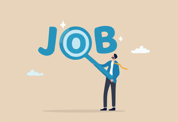 Job search, employee finding new job, career opportunity, employment or recruitment, applicant or candidate search online website concept, businessman magnifying glass searching for new job.