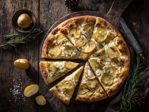 White pizza with potatoes and rosemary on a dark rustic wooden table, overhead moody lighting, artisanal