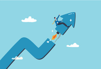 Investment growth boosting profit earning, increase market return or boost growth, growing fast, startup launch project or improvement concept, businessman riding rising up arrow with rocket booster.