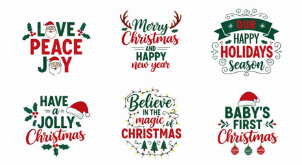 Obraz premium Colorful christmas holiday greeting cards with festive messages like love peace joy and merry christmas