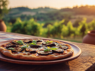 Eggplant and basil pizza displayed on a rustic Tuscan terrace with vineyard in background, warm sunset tones, travel-food aesthetic