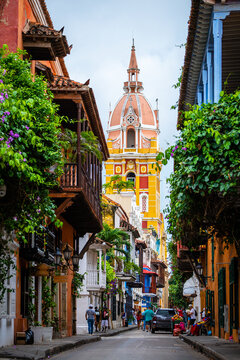colorful street of Cartagena de indias old town, Colombia
