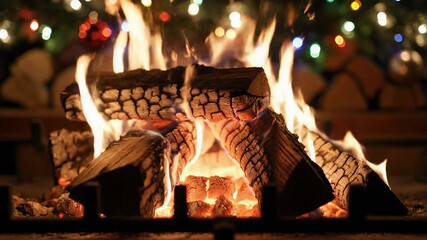 Close-up of burning logs in a fireplace with colorful Christmas lights bokeh. Flames dancing on wood in a cozy winter holiday setting. Warm festive atmosphere - Powered by Adobe