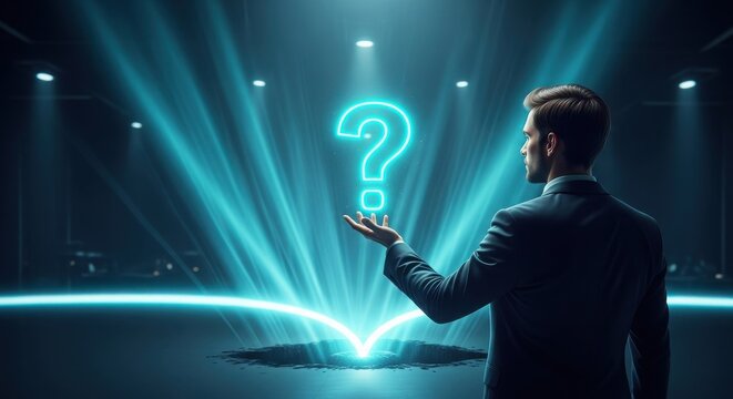 Businessman and Neon Question Mark Symbolizing Critical Decision - Powered by Adobe