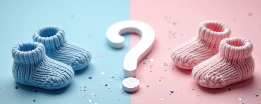 Pair of baby booties on blue and pink. One pair is blue another pink. Question mark stands in the middle. Expecting newborn baby. Gender reveal party. Family concept idea. Decoration for baby shower.