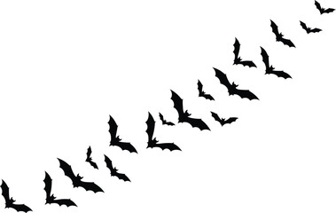 Silhouette of a group of bats flying in formation on a white background