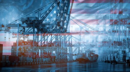 Double exposure of the USA flag waving over an industrial seaport. Conceptual video of international trade, freight transport, and logistics - Powered by Adobe